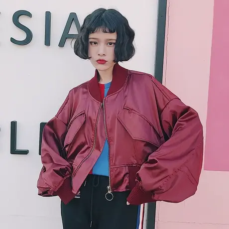 春装韩版宽松原宿BF风棒球服蝙蝠袖飞行员夹克女学生短款薄外套潮图片