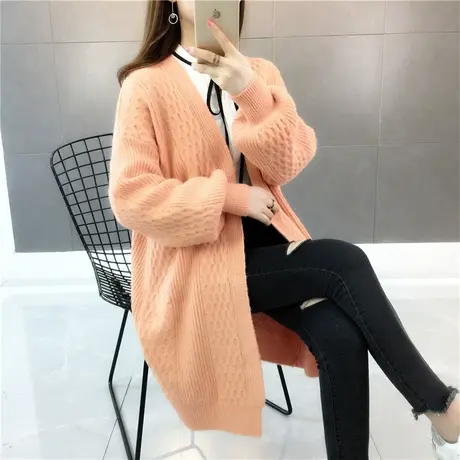 中长款纯色过膝针织开衫2023春季新款女装百搭宽松泡泡袖毛衣外套图片