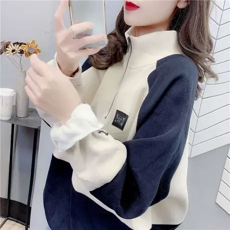 秋季2021年新款立领拼色卫衣女百搭ins潮宽松上衣加绒加厚外套冬商品大图