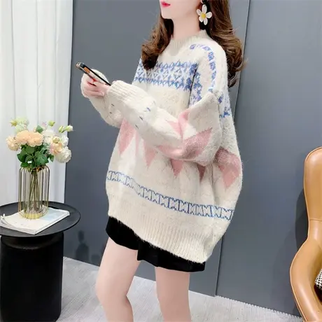 慵懒复古撞色菱格圆领毛衣女套头秋冬新款宽松加厚保暖打底针织衫商品大图