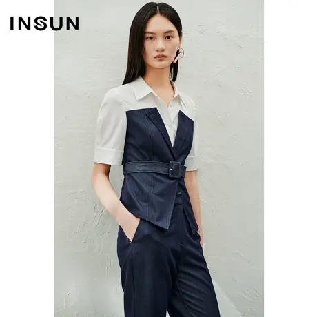 INSUN恩裳专选夏款天丝牛仔撞色拼接衬衫图片