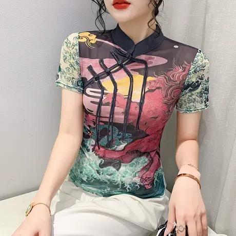 复古国风女装设计感盘扣T恤短袖性感网纱透视上衣洋气印花小衫夏图片
