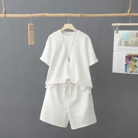 大码纯色运动套装女夏季2023宽松时尚短袖T恤短裤跑步休闲两件套图片