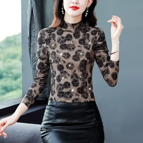 今年流行新款秋冬装打底衫女2023年立领网纱修身加绒加厚洋气百搭商品大图