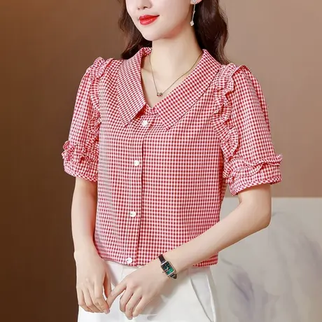 短袖衬衫女夏季别致漂亮小衫2023年新款法式上衣高级感娃娃领气质商品大图