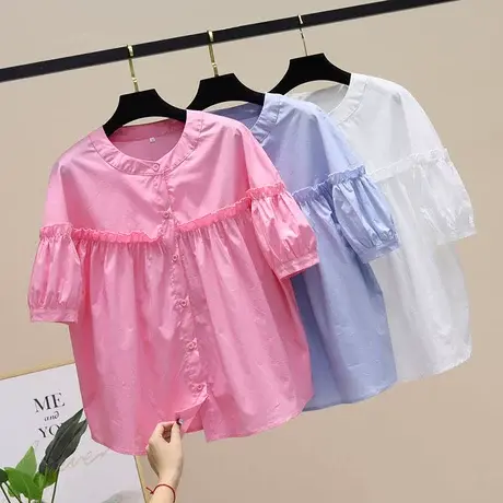 2023春夏新款韩版时尚立领白衬衫女百搭显瘦短袖花边衬衣潮上衣服图片