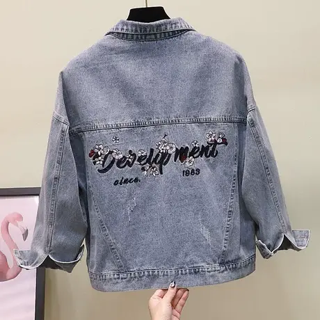 外套女2023春装新款韩版宽松做旧浅色绣花BF原宿风nis牛仔夹克衫商品大图