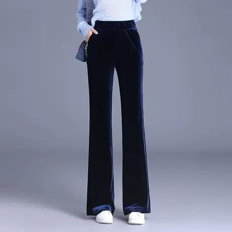 韩版金丝绒长裤女秋冬2023新款松紧腰显瘦微喇直筒裤通勤休闲裤子商品大图