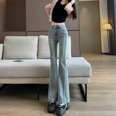 微喇牛仔裤女春秋新款2023高腰显瘦拼接复古小个子马蹄喇叭裤子商品大图