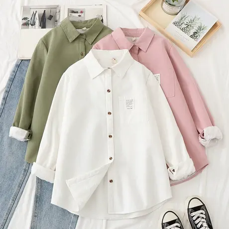 2019冬新款韩版加厚加绒学生白色衬衫女长袖宽松保暖外穿打底衬衣商品大图