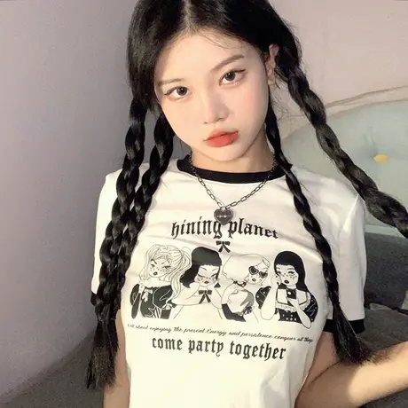 美式复古辣妹风短袖t恤女夏季2024新款ins潮高腰修身露脐短款上衣商品大图