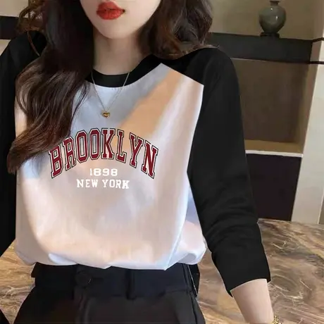 插肩袖长袖T恤女磨毛加厚拼色上衣2022年秋冬韩版宽松纯棉打底衫图片