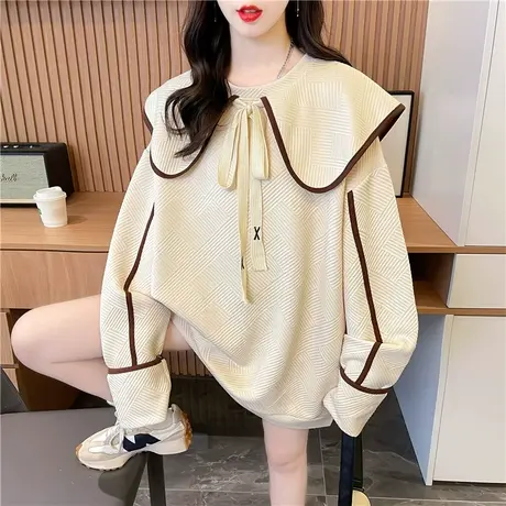 娃娃领卫衣女春秋季韩版宽松大码薄款中长款华夫格提花上衣外套潮商品大图