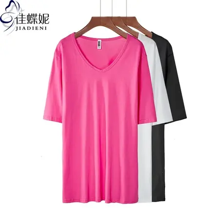 夏季韩版V领宽松大码下衣失踪短袖纯色T恤上衣内搭女打底衫中长款商品大图