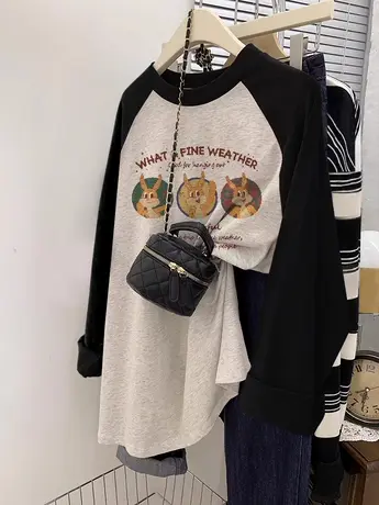 美式复古chic长袖打底衫秋季女装T恤潮ins大码正肩插肩袖内搭上衣商品大图