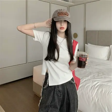 不规则短袖t恤女短款正肩夏季2024年新款辣妹设计感小众独特上衣商品大图
