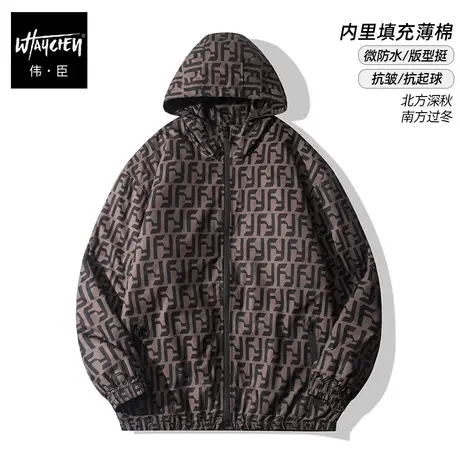 伟臣潮牌大码男装秋冬新品夹克外套胖子加肥加大宽松连帽薄棉服商品大图