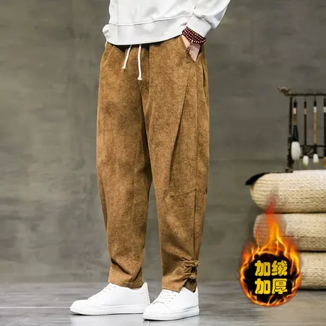 冬季加绒加厚男裤子灯芯绒复古盘扣保暖中国风大码宽松小脚休闲裤商品大图