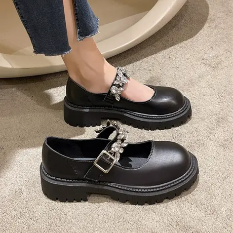 厚底玛丽珍鞋女2023新款秋季粗跟小皮鞋浅口jk配裙子法式水钻单鞋商品大图