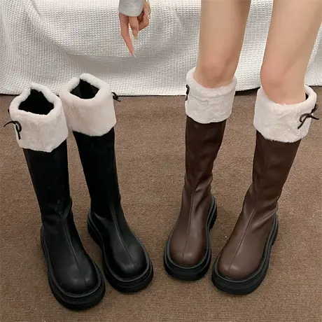 长靴女2023新款秋冬季不过膝骑士靴高级感ins复古显瘦高筒毛毛靴图片