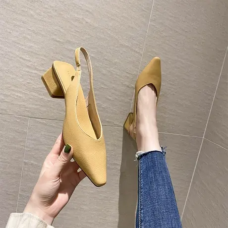 2024年夏季新款一字带尖头职业单鞋时尚温柔风百搭浅口粗跟高跟鞋商品大图