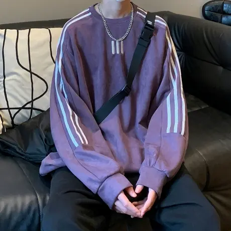 宽松潮流条纹休闲圆领卫衣男oversize春秋季新款长袖套头无帽打底图片