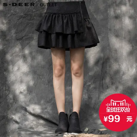 s.deer【新品】圣迪奥女装复古细密压褶毛呢短裙S15881301图片