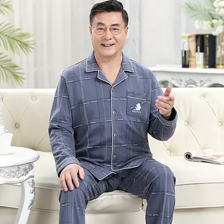男款春秋季长袖纯棉睡衣中老年爸爸男士加大码开衫全棉家居服套装商品大图
