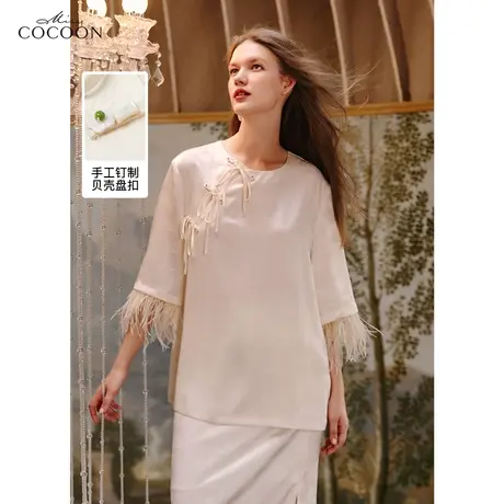 【醋酸】miss COCOON国风提花上衣2023新款夏女宽松鸵鸟毛雪纺衫商品大图