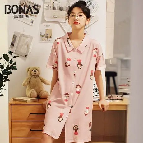 宝娜斯睡裙女夏季卡通印花睡衣女家居服短袖纯棉薄款少女长款过膝图片