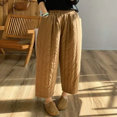 dza 高腰显瘦竖条棉裤女冬外穿休闲裤子宽松直筒阔腿裤保暖复古裤商品大图