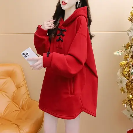 加绒加厚连帽卫衣女中长款2024新款早春季爆款洋气宽松设计感外套图片