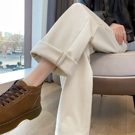 白色直筒牛仔裤女2024年春秋新款加绒高腰显瘦宽松阔腿拖地长裤子商品大图