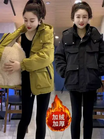 冬季双口袋加厚绒保暖休闲时尚百搭连帽宽松网红洋气女款棉衣外套图片