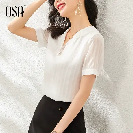 OSA白色雪纺衫女洋气遮肚子小衫2021年夏季新款时尚气质短袖上衣商品大图