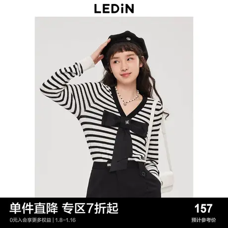 乐町蝴蝶结针织开衫春黑白条纹针织衫C2EDC3201图片
