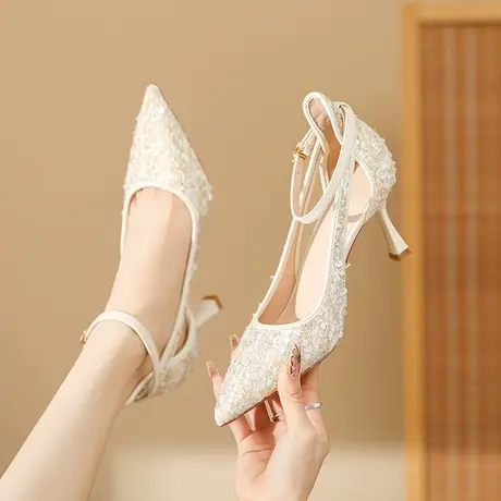 法式一字带高跟鞋女细跟2024年新款设计感小众中空包头小香风单鞋商品大图