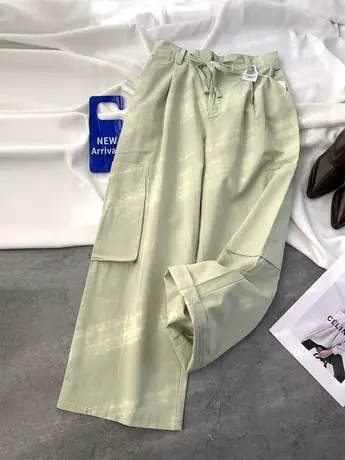 2024春季新款糖果色松紧腰抽绳设计感大口袋工装宽松休闲阔腿裤子商品大图