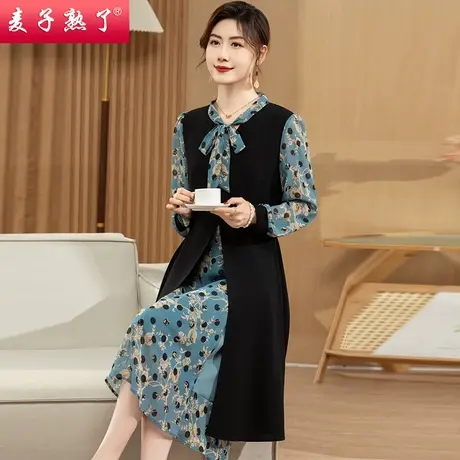 2023春秋新款妈妈装时尚气质花色假两件连衣裙中老年人女装过膝裙图片