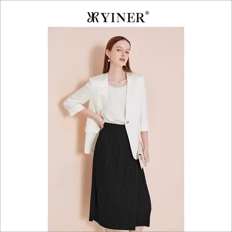 YINER音儿女装2023夏季时尚休闲白色单排扣西装短外套商品大图