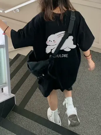 夏季黑色短袖t恤女ins潮小个子宽松百搭美式复古纯棉上衣oversize商品大图