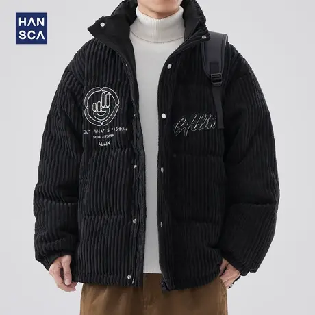 hansca美式潮牌灯芯绒羽绒服男冬季字母刺绣加厚鸭绒立领保暖外套图片