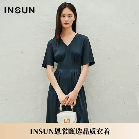 INSUN恩裳夏季收腰捏褶V领三醋酸连衣裙图片