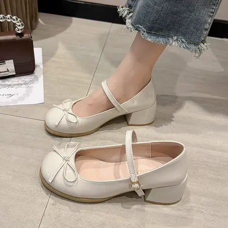 法式白色玛丽珍女鞋高跟2024新款春秋百搭鞋子小香风中粗跟单鞋女商品大图