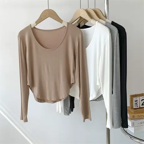 弧形下摆美式短款长袖圆领T恤女垂感薄款修身形体服练功服舞蹈服商品大图