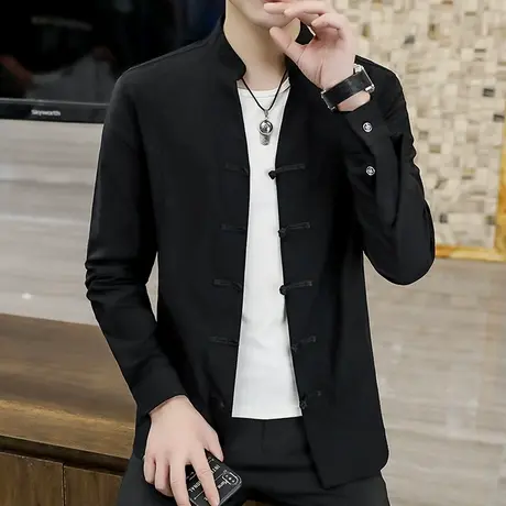 男士立领长袖衬衫秋季中国风盘扣上衣服休闲衬衣帅气男装薄外套潮商品大图