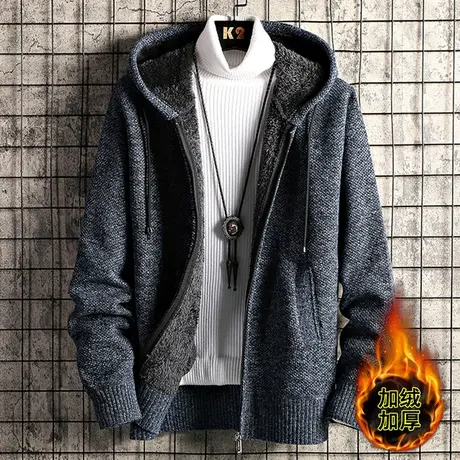 加绒加厚开衫毛衣外套男士秋冬季潮流韩版保暖线衣男装拉链针织衫商品大图