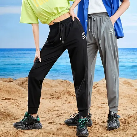 休闲长裤子男夏季薄款束脚小脚运动九分裤黑色冰丝凉感速干空调裤商品大图