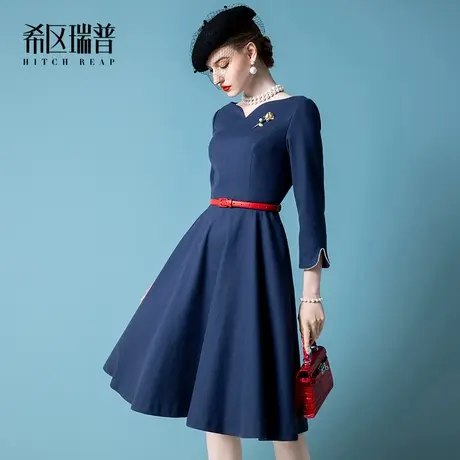 希区瑞普高端气质法式连衣裙秋冬新款女装复古名媛长袖修身大摆裙图片