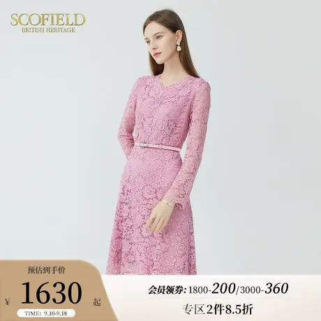 Scofield女装秋季新款通勤仙女风优雅蕾丝钩花镂空收腰长袖连衣裙图片